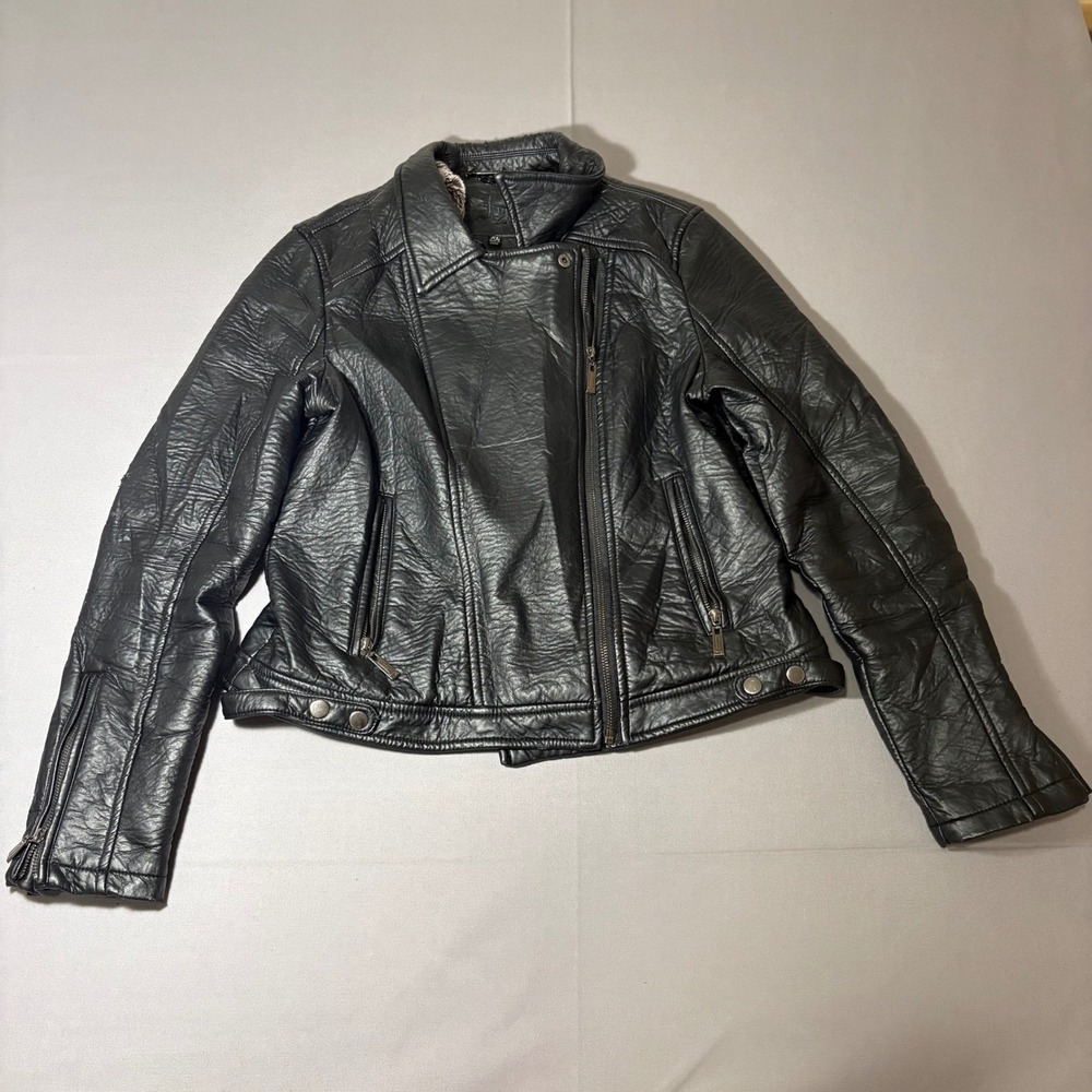 L2 Moto Jacket Womens XL Black Faux Leather Faux Fur Trim Biker Asymmetric